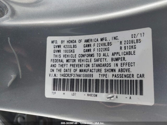 Honda ACCORD LX 2017 1HGCR2F37HA159699 Image 9