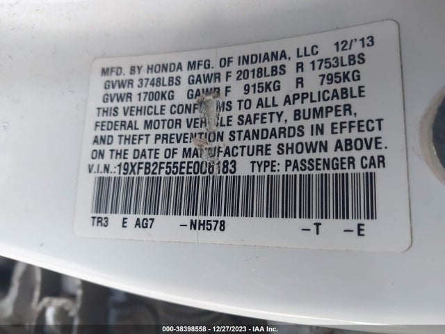2014 HONDA CIVIC LX VIN: 19XFB2F55EE006183