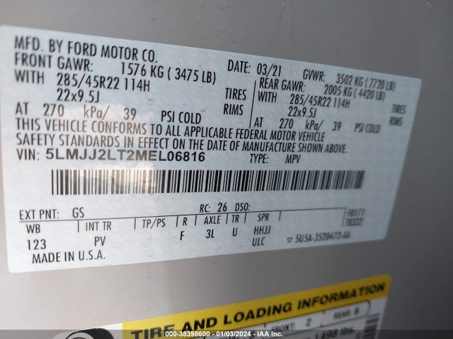 2021 LINCOLN NAVIGATOR RESERVE VIN: 5LMJJ2LT2MEL06816