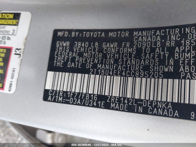 2012 TOYOTA COROLLA LE VIN: 2T1BU4EE4CC895205