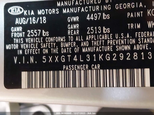 KIA Optima Lx 2019 5XXGT4L31KG292813 Image 9