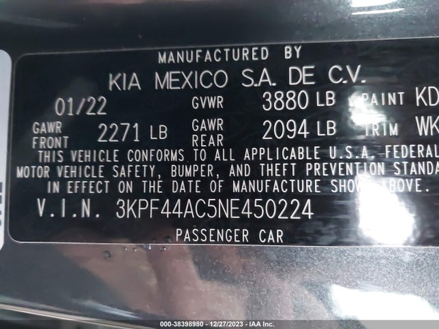 2022 KIA FORTE GT MANUAL VIN: 3KPF44AC5NE450224