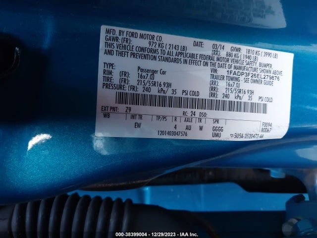 2014 FORD FOCUS SE VIN: 1FADP3F26EL279876