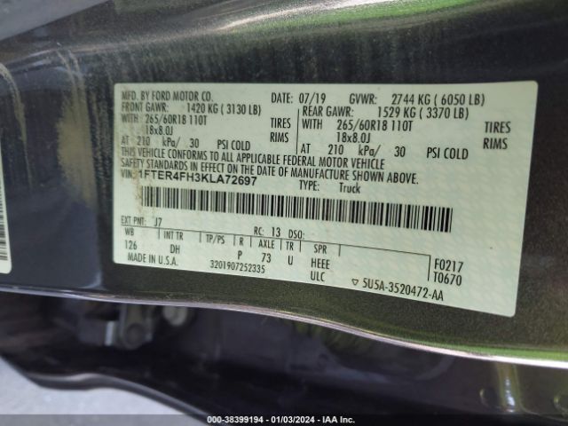1FTER4FH3KLA72697 Ford Ranger Lariat