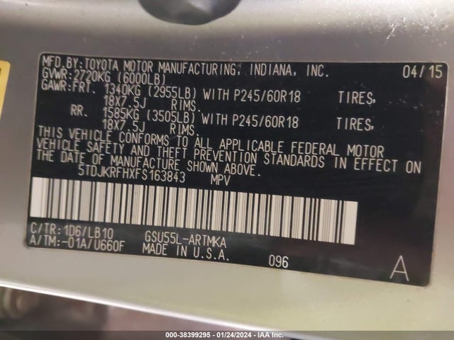 Toyota Highlander Xle V6 2015 5TDJKRFHXFS163843 Image 9