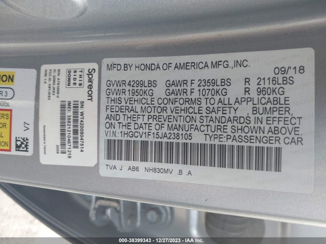 2018 HONDA ACCORD LX VIN: 1HGCV1F15JA238105
