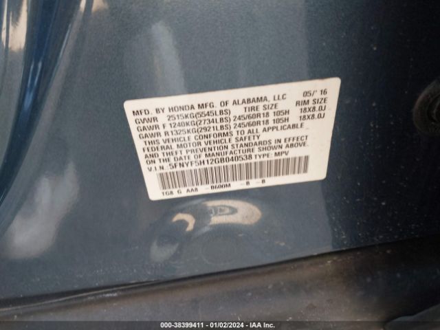 5FNYF5H12GB040538 Honda PILOT LX