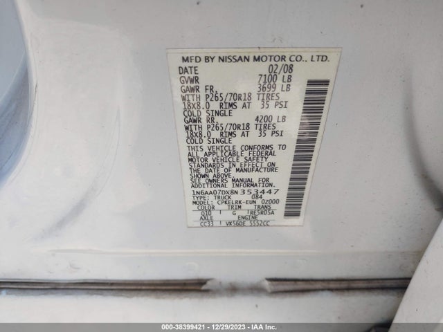 2008 NISSAN TITAN LE/SE/XE VIN: 1N6AA07DX8N353447