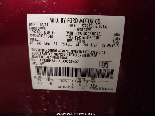 2014 FORD EXPLORER XLT VIN: 1FM5K8D81EGC25407