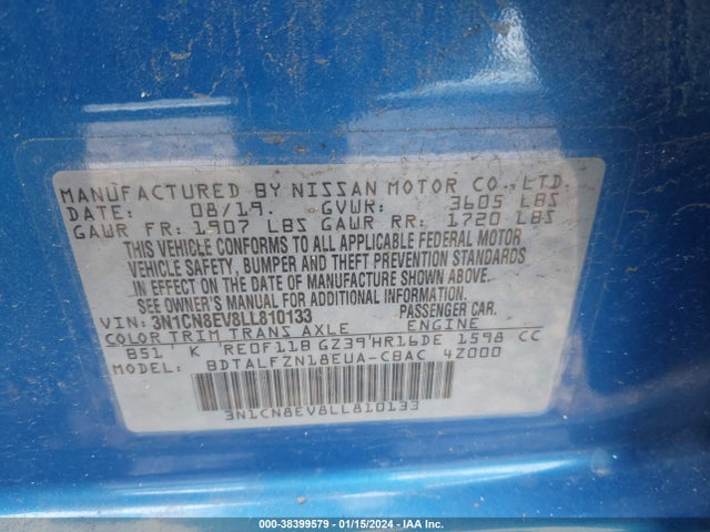 Nissan Versa Sv Xtronic Cvt 2020 3N1CN8EV8LL810133 Image 9