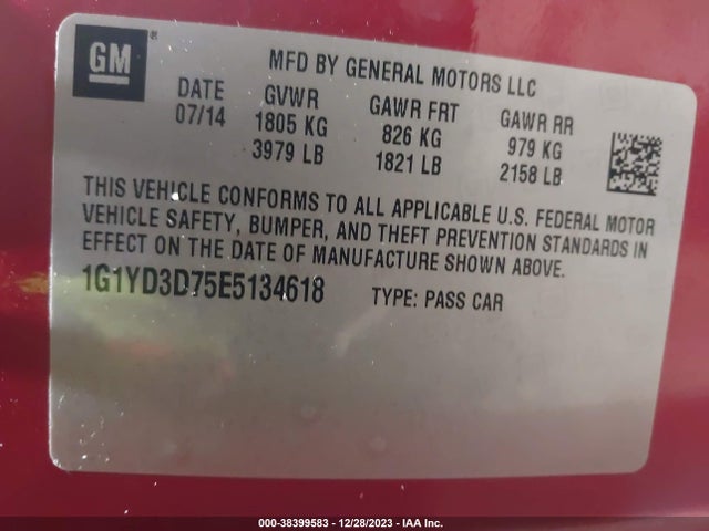 Chevrolet CORVETTE STINGRAY 2014 1G1YD3D75E5134618 Image 9