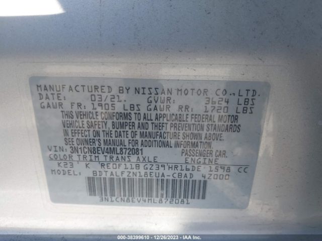 3N1CN8EV4ML872081 Nissan Versa Sv Xtronic Cvt