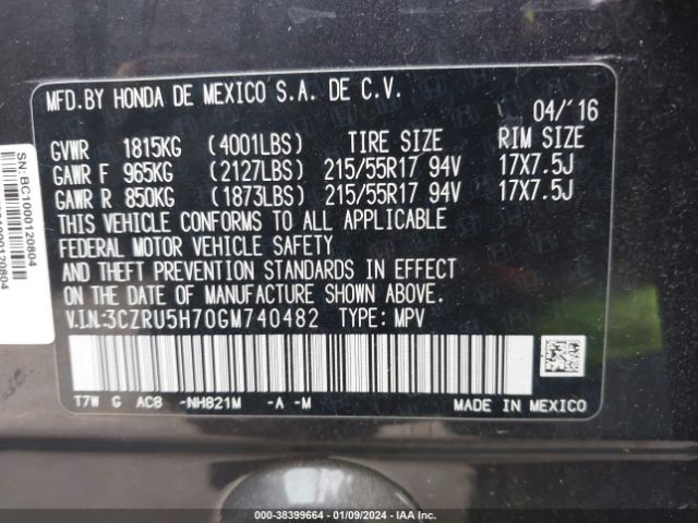 3CZRU5H70GM740482 Honda Hr-v Ex-l