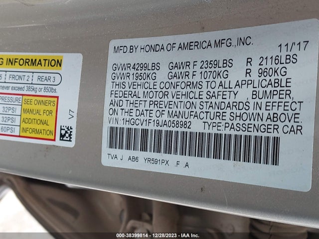 Honda ACCORD LX 2018 1HGCV1F19JA058982 Image 9