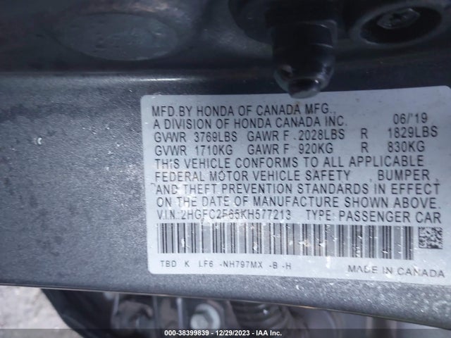 Honda Civic Lx 2019 2HGFC2F65KH577213 Image 9