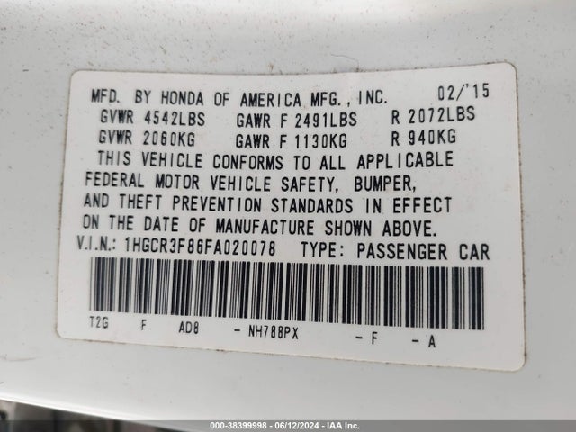 Honda Accord Ex-l V-6 2015 1HGCR3F86FA020078 Image 9