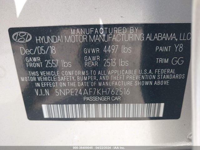 Hyundai SONATA SE 2019 5NPE24AF7KH762516 Image 9