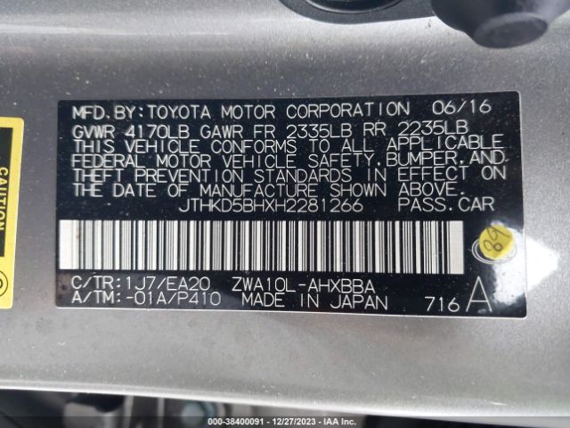 JTHKD5BHXH2281266 Lexus CT 200H