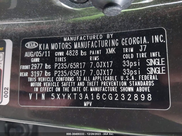 2012 KIA SORENTO LX VIN: 5XYKT3A16CG232898