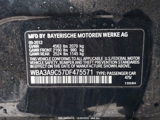 2013 BMW 335I VIN: WBA3A9C57DF475571