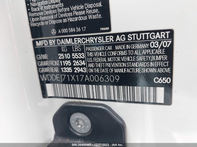 38400467 :رقم المزاد ، WDDEJ71X17A006309 vin ، 2007 Mercedes-benz Cl 550 مزاد بيع