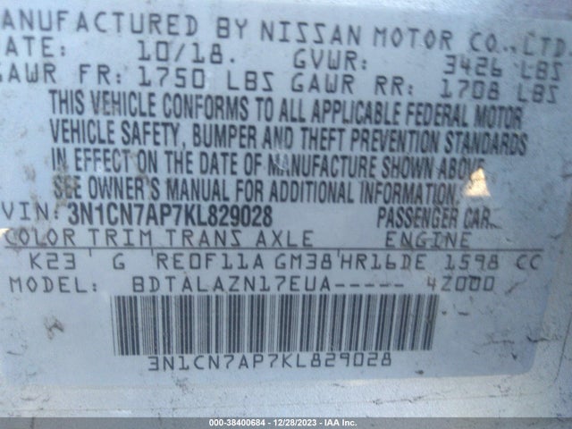 Nissan Versa 1.6 S+ 2019 3N1CN7AP7KL829028 Image 9