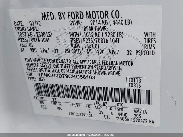 2012 FORD ESCAPE XLT VIN: 1FMCU0D79CKC56103