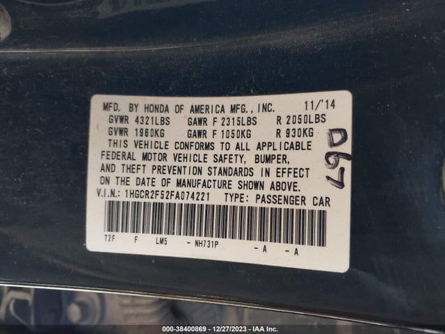 Honda Accord Sport 2015 1HGCR2F52FA074221 Image 9