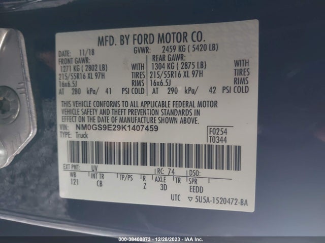 2019 Ford Transit Connect Xl მანქანა იყიდება აუქციონზე, vin: NM0GS9E29K1407459, აუქციონის ნომერი: 38400873