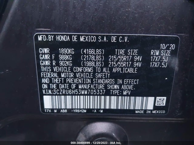 2021 HONDA HR-V AWD EX VIN: 3CZRU6H53MM705337