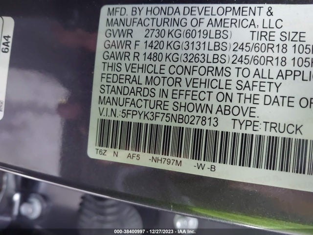 Honda Ridgeline Rtl-e 2022 5FPYK3F75NB027813 Image 9