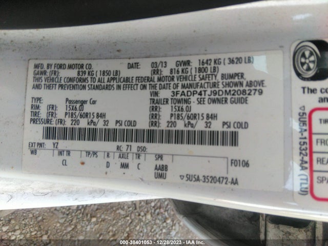 2013 FORD FIESTA S VIN: 3FADP4TJ9DM208279