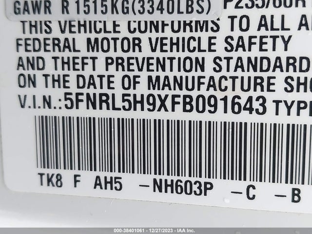 2015 HONDA ODYSSEY TOURING/TOURING ELITE VIN: 5FNRL5H9XFB091643