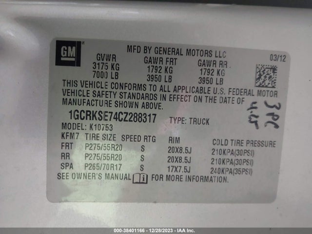 2012 CHEVROLET SILVERADO 1500 LT VIN: 1GCRKSE74CZ288317