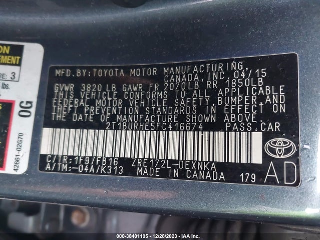 2015 TOYOTA COROLLA LE VIN: 2T1BURHE5FC416674