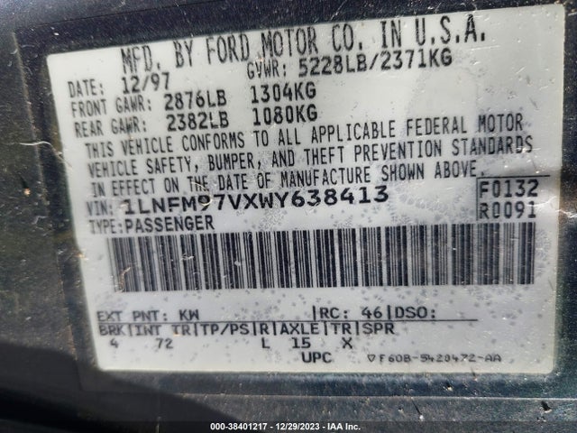 1998 LINCOLN CONTINENTAL VIN: 1LNFM97VXWY638413