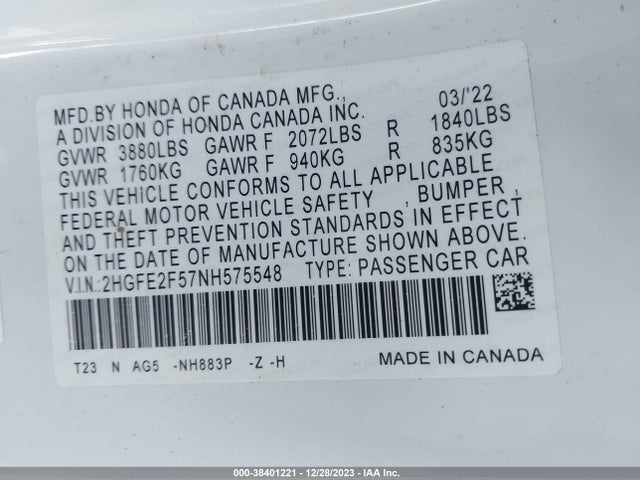 2022 HONDA CIVIC SPORT VIN: 2HGFE2F57NH575548