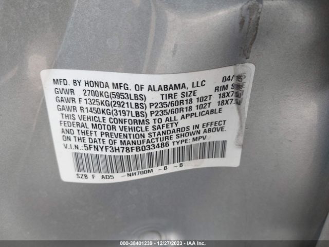 5FNYF3H78FB033486 Honda Pilot Ex-l