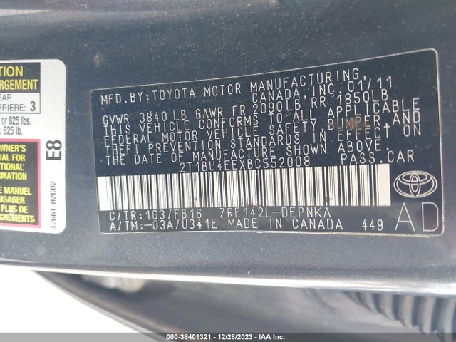 2011 TOYOTA COROLLA LE VIN: 2T1BU4EEXBC552008