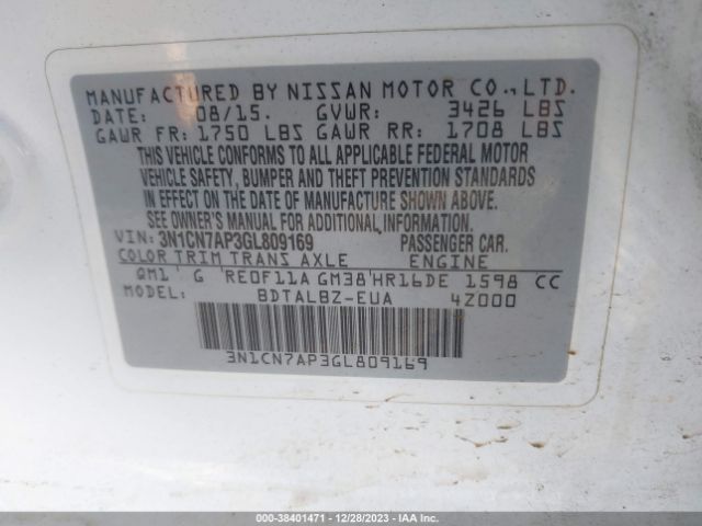 3N1CN7AP3GL809169 Nissan Versa 1.6 S/1.6 S+/1.6 Sl/1.6 Sv
