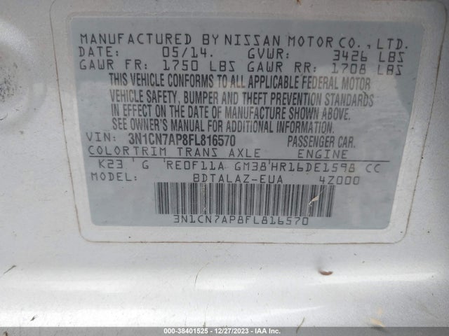 2015 NISSAN VERSA 1.6 S+ VIN: 3N1CN7AP8FL816570