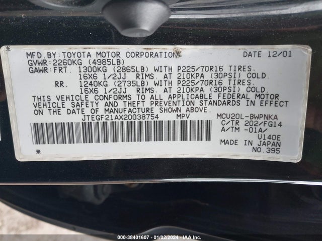 2002 TOYOTA HIGHLANDER V6 VIN: JTEGF21AX20038754