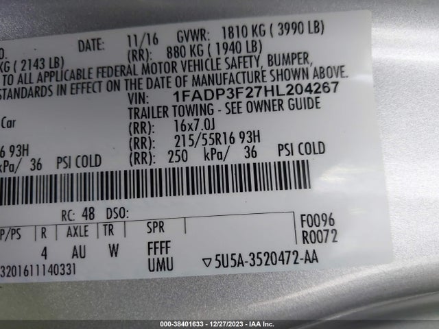 2017 FORD FOCUS SE VIN: 1FADP3F27HL204267