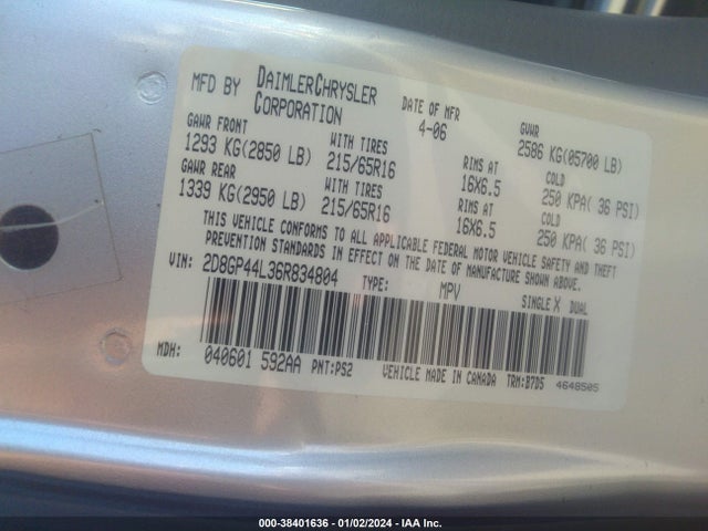 2006 DODGE GRAND CARAVAN SXT VIN: 2D8GP44L36R834804