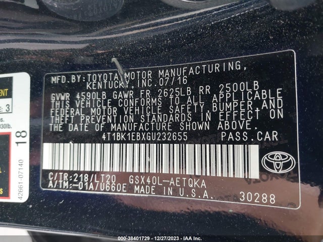 Toyota Avalon Touring 2016 4T1BK1EBXGU232655 Image 9