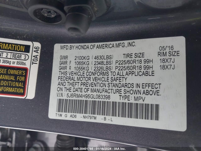Honda Cr-v Touring 2016 5J6RM4H95GL083398 Image 9