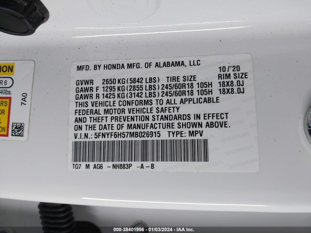 Honda Pilot Awd Ex-l 2021 5FNYF6H57MB026915 Image 9
