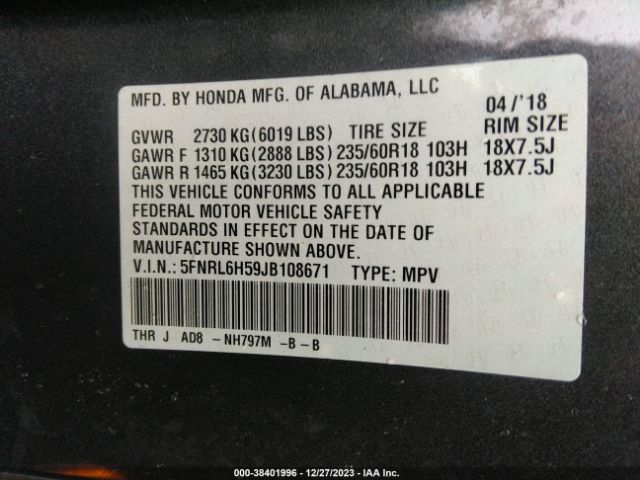 5FNRL6H59JB108671 Honda ODYSSEY EX
