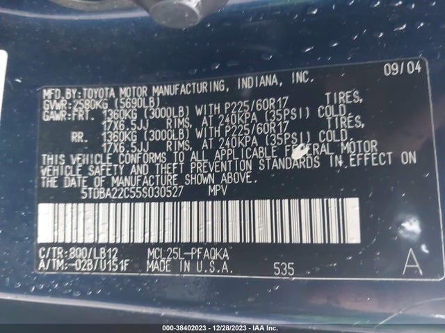 2005 TOYOTA SIENNA XLE LIMITED VIN: 5TDBA22C55S030527