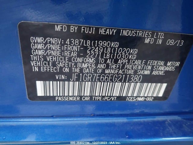 2014 SUBARU IMPREZA WRX VIN: JF1GR7E66EG211380